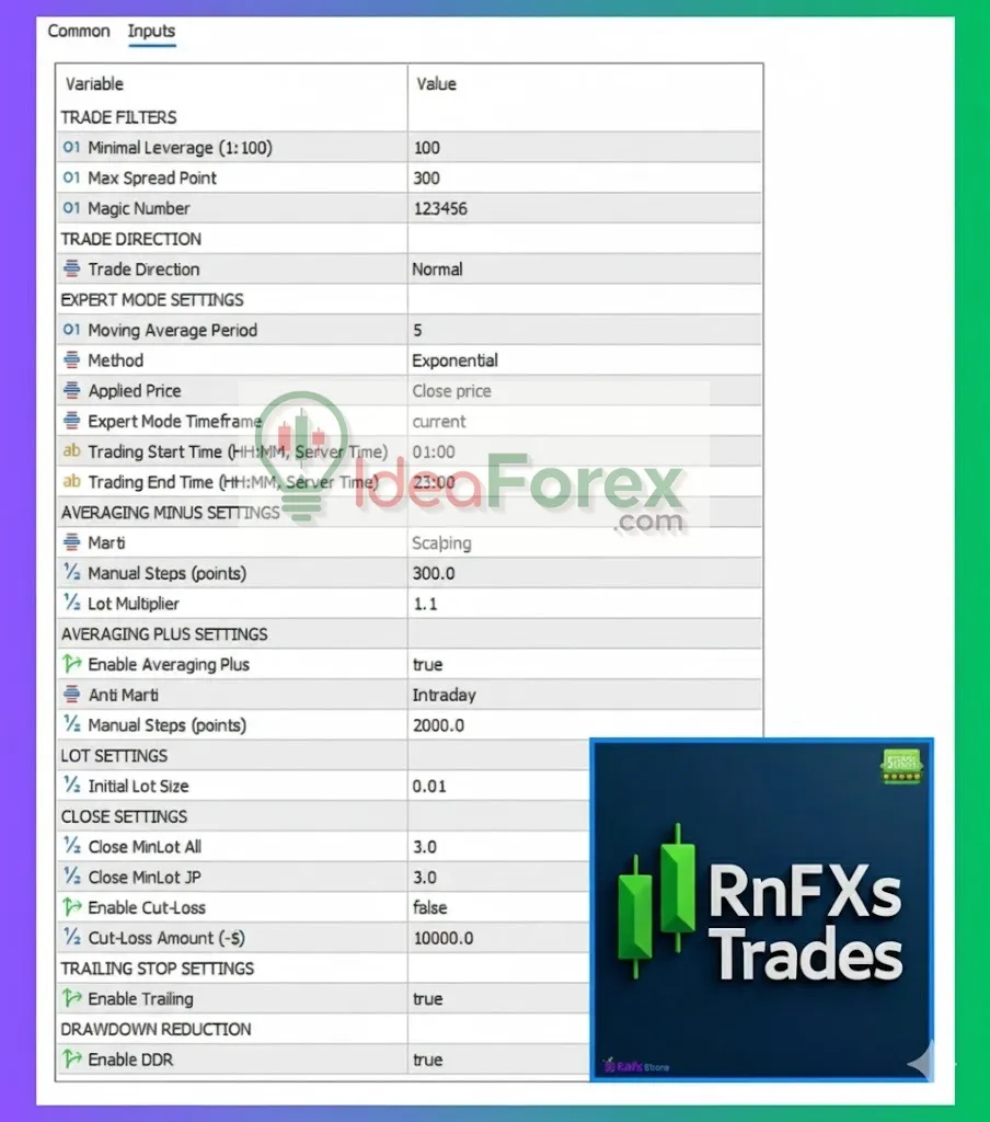 EA GTX RnFXs MT5 Settings